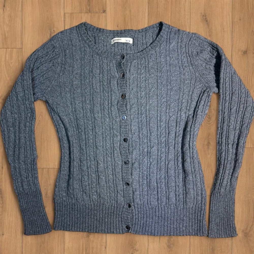Old Navy Gray Cable Knit Cardigan Sweater M Angora Blend Button Front